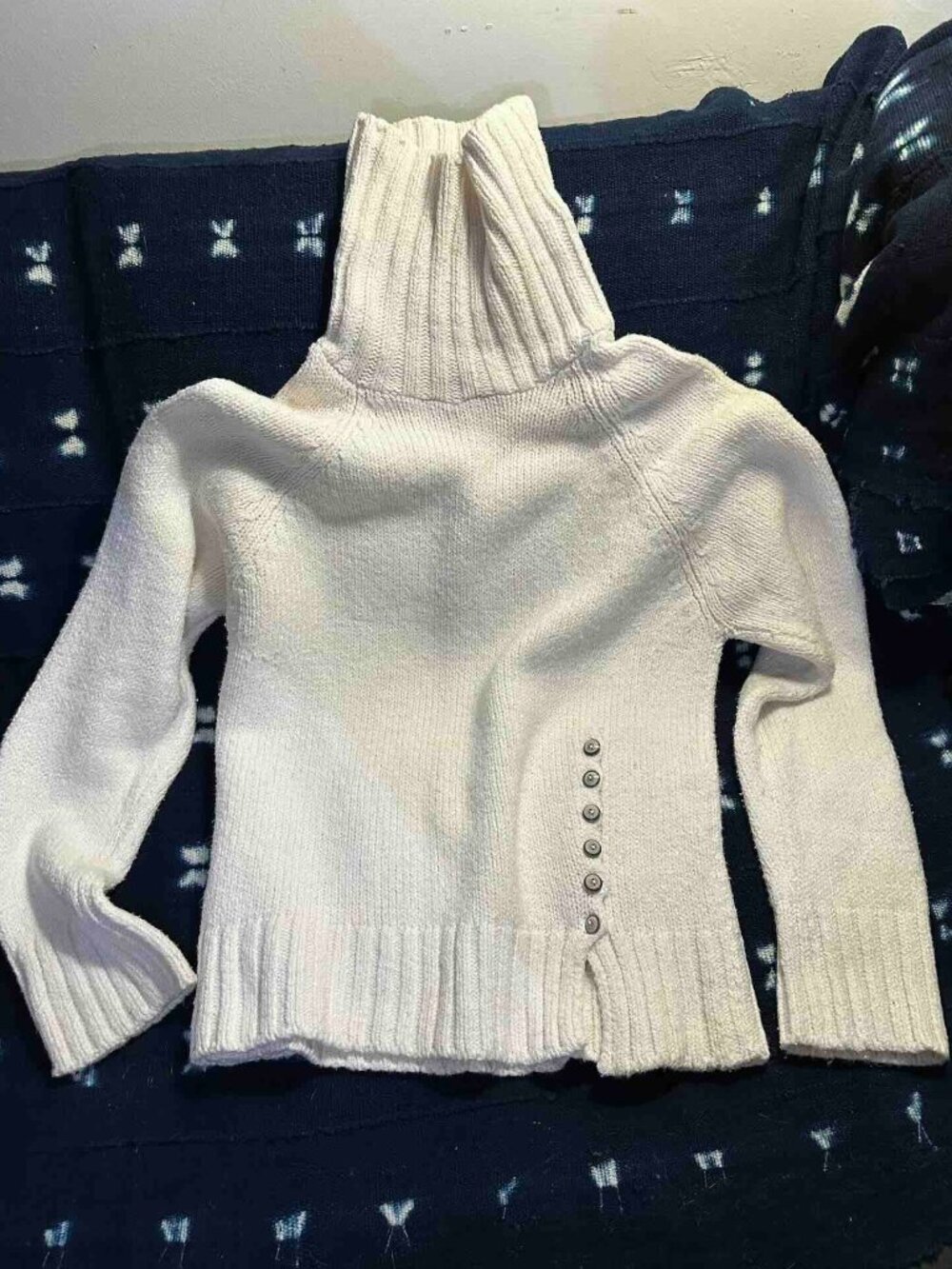 Cotton Country Ivory White L Women Sweater ButtonDetail Turtleneck Tunic